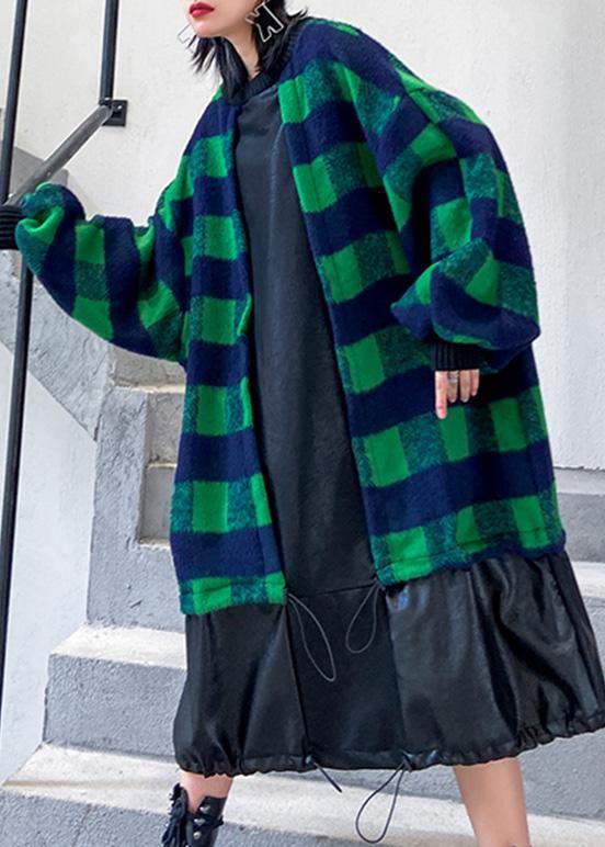French Green Plaid Cotton Clothes Drawstring Patchwork Dress