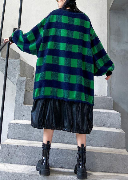 French Green Plaid Cotton Clothes Drawstring Patchwork Dress