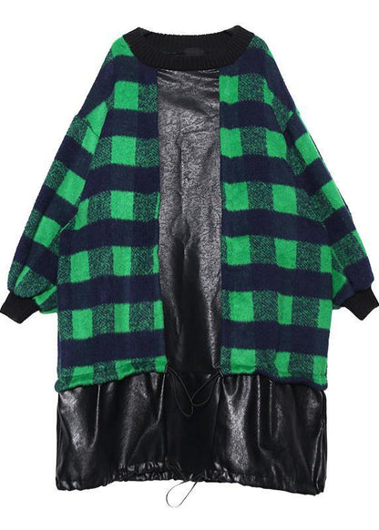 French Green Plaid Cotton Clothes Drawstring Patchwork Dress