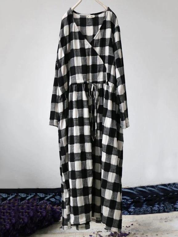 French Green Plaid Cotton Dresses V Neck Drawstring Traveling Spring Dresses