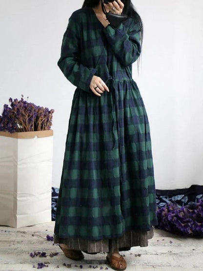 French Green Plaid Cotton Dresses V Neck Drawstring Traveling Spring Dresses