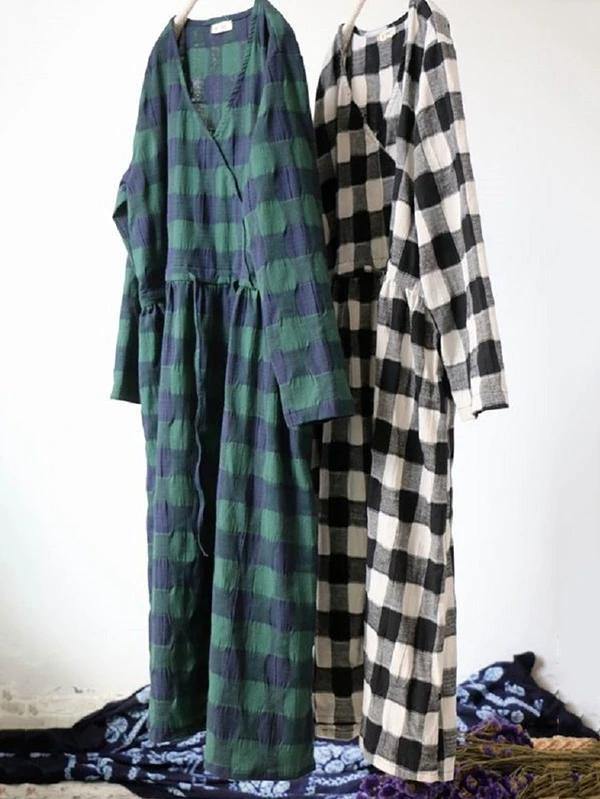 French Green Plaid Cotton Dresses V Neck Drawstring Traveling Spring Dresses