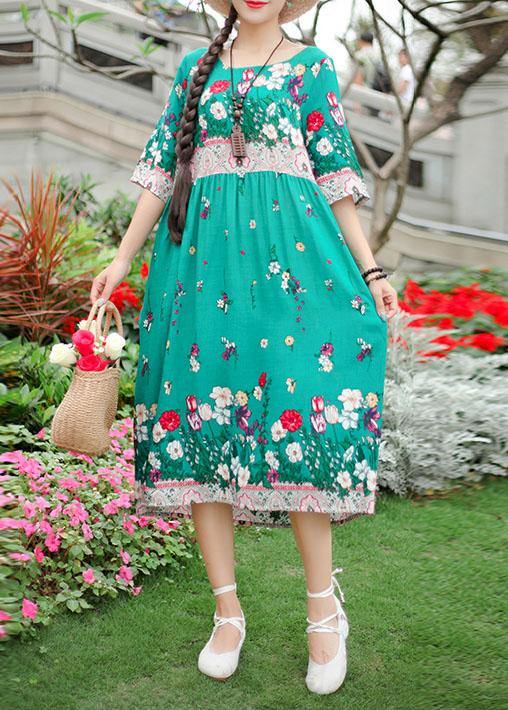 French Green Print Cotton O Neck Half Sleeve Loose Summer Dresses