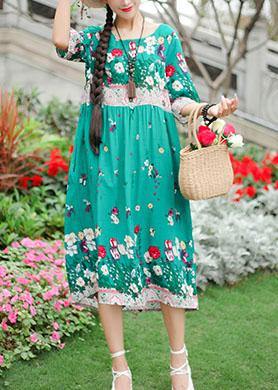 French Green Print Cotton O Neck Half Sleeve Loose Summer Dresses