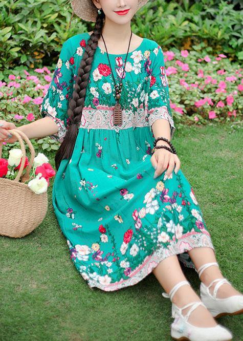 French Green Print Cotton O Neck Half Sleeve Loose Summer Dresses