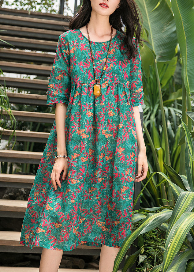French Green Print Linen Robes Omychic Pattern O Neck Cinched Cotton Summer Dress