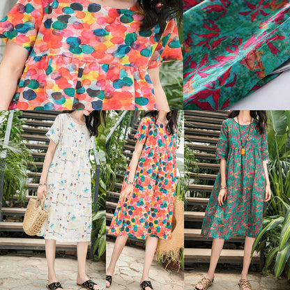 French Green Print Linen Robes Omychic Pattern O Neck Cinched Cotton Summer Dress