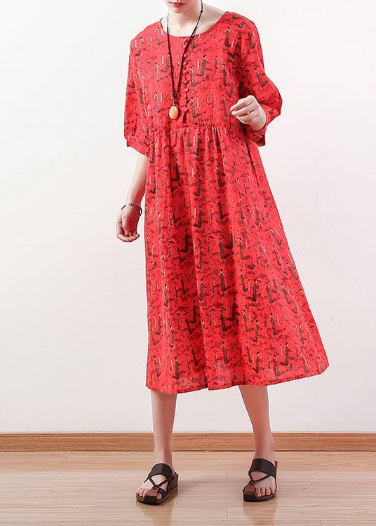 French Half Sleeve Cotton Linen Clothes for Pattern Red Dress Summer