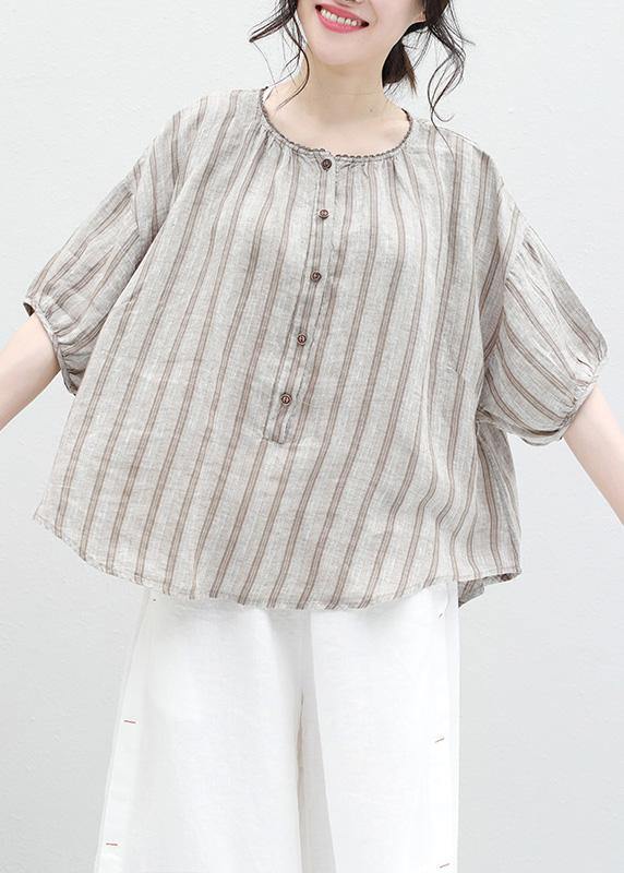 French Half Sleeve Linen Blouse Sewing Summer Shirt Khaki Striped