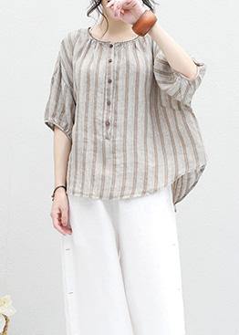 French Half Sleeve Linen Blouse Sewing Summer Shirt Khaki Striped