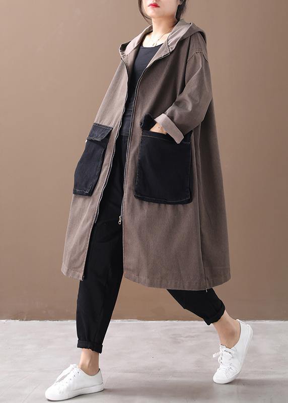 French Hooded Large Pockets Fine Tunics for Denim Khaki Knee Winter Outwear