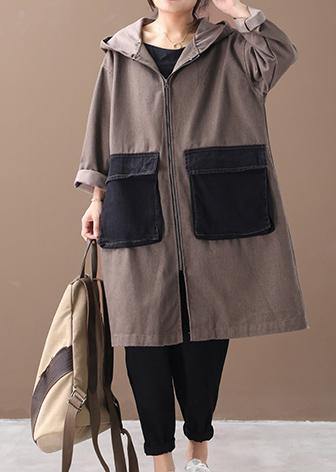 French Hooded Large Pockets Fine Tunics for Denim Khaki Knee Winter Outwear