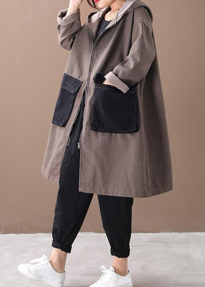 French Hooded Large Pockets Fine Tunics for Denim Khaki Knee Winter Outwear