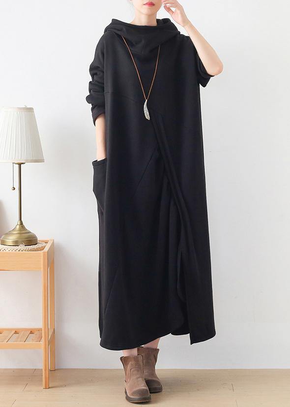 French Hooded Asymmetric Tunic Catwalk Black Kaftan Dresses