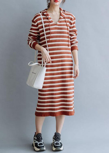 French Hooded Cotton Tunics Wardrobes Red Striped Loose Dresses Fall
