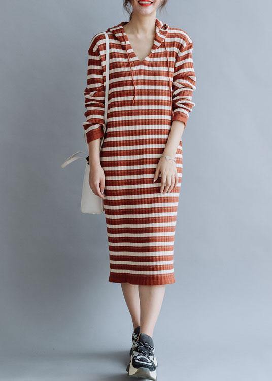 French Hooded Cotton Tunics Wardrobes Red Striped Loose Dresses Fall
