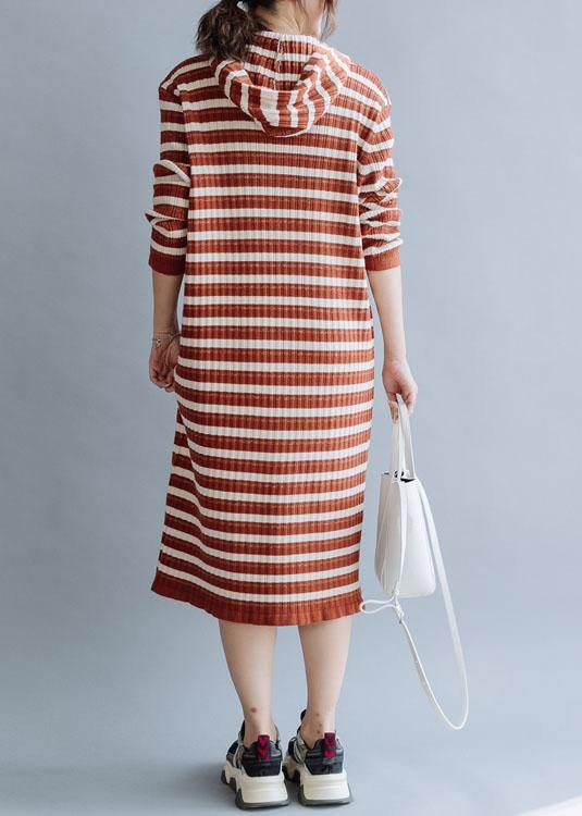 French Hooded Cotton Tunics Wardrobes Red Striped Loose Dresses Fall