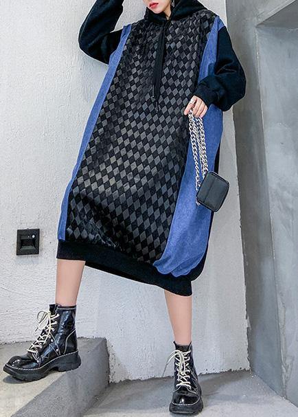 French Hooded Cotton Patchwork Clothes Runway Black Dresses