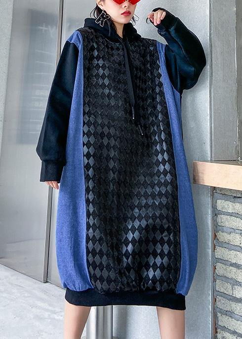French Hooded Cotton Patchwork Clothes Runway Black Dresses
