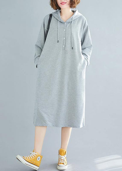 French Hooded Drawstring Cotton Spring Tunics Gray Dresses