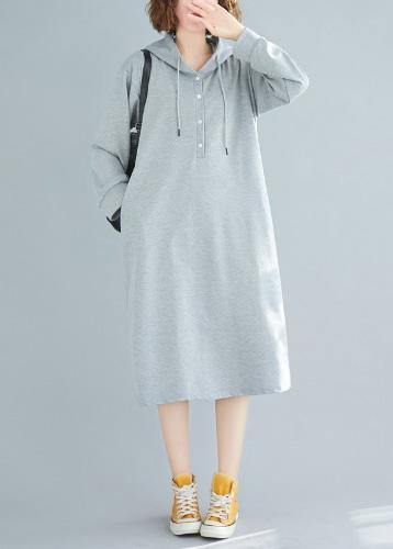 French Hooded Drawstring Cotton Spring Tunics Gray Dresses
