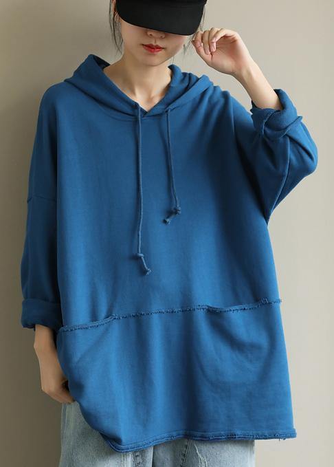 French Hooded Drawstring Fall Clothes for Ideas Blue Blouse