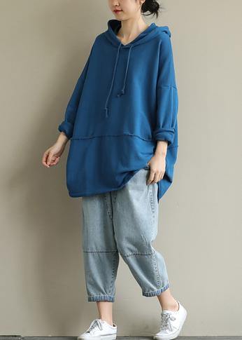 French Hooded Drawstring Fall Clothes for Ideas Blue Blouse