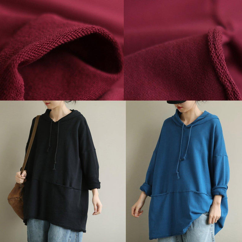 French Hooded Drawstring Fall Clothes for Ideas Blue Blouse
