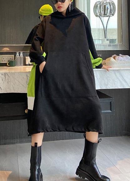 French Hooded Patchwork Long Dress Outfits Black Dress