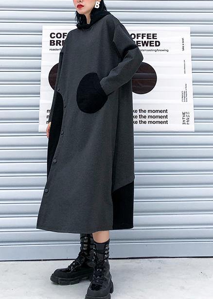 French Hooded Patchwork Cotton Fall Dresses Sewing Black Cotton Dress