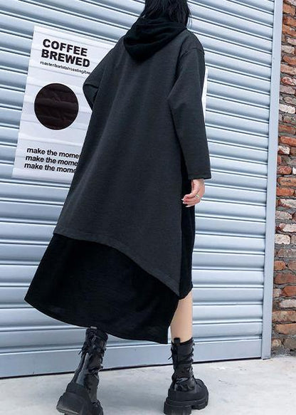 French Hooded Patchwork Cotton Fall Dresses Sewing Black Cotton Dress