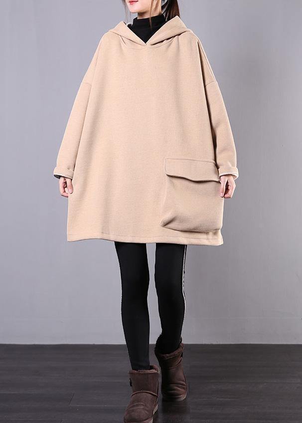 French hooded thick cotton linen tops women khaki shirt