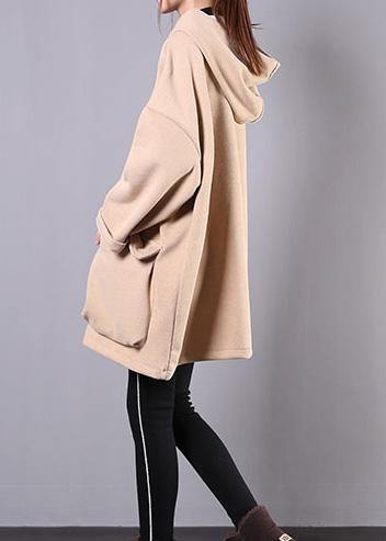 French hooded thick cotton linen tops women khaki shirt