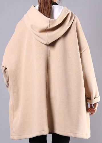 French hooded thick cotton linen tops women khaki shirt