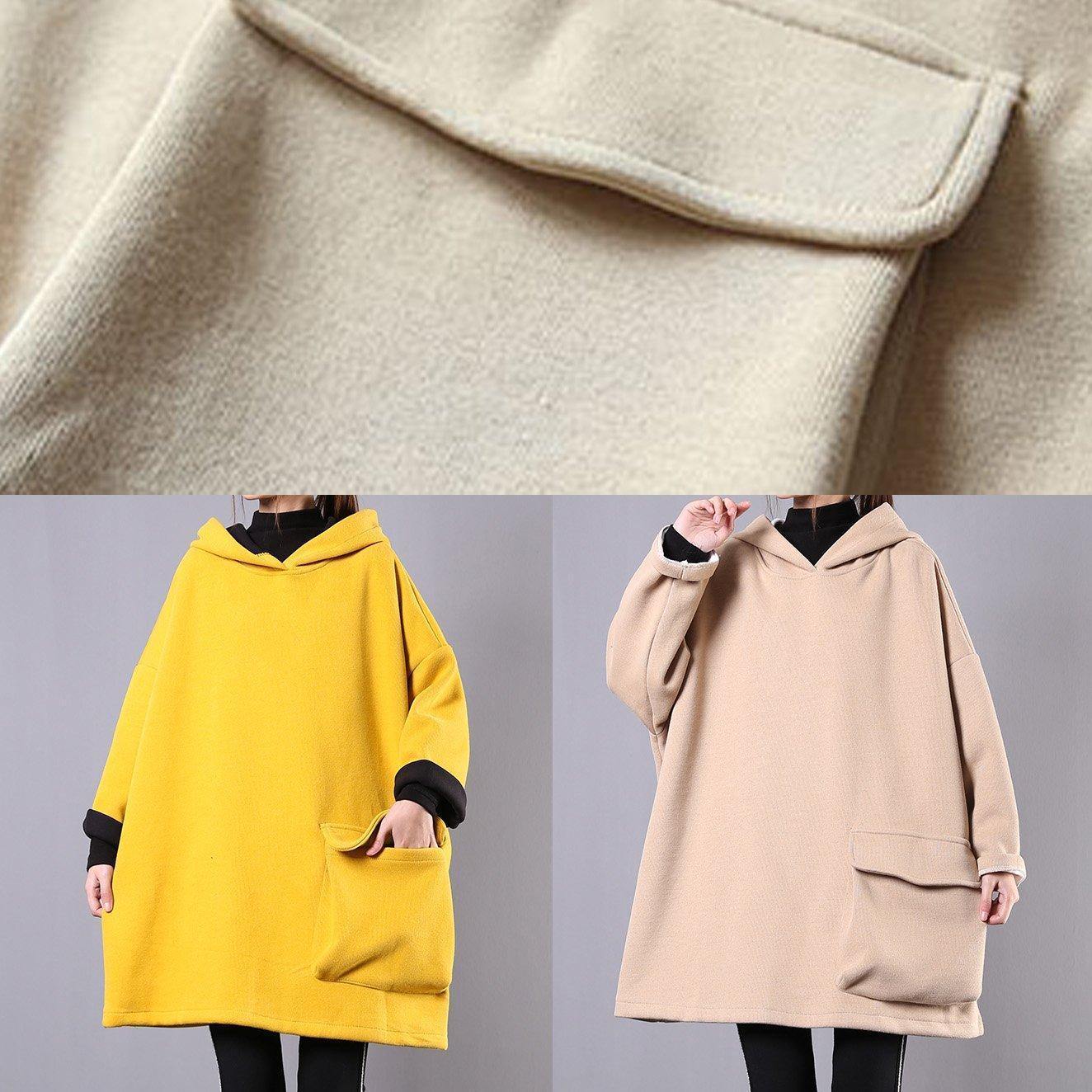 French hooded thick cotton linen tops women khaki shirt