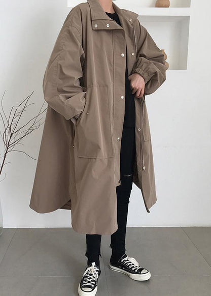 French Khaki Fine Maxi Coat Wardrobes Zippered Lapel Collar Coats