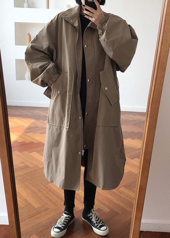 French Khaki Fine Maxi Coat Wardrobes Zippered Lapel Collar Coats