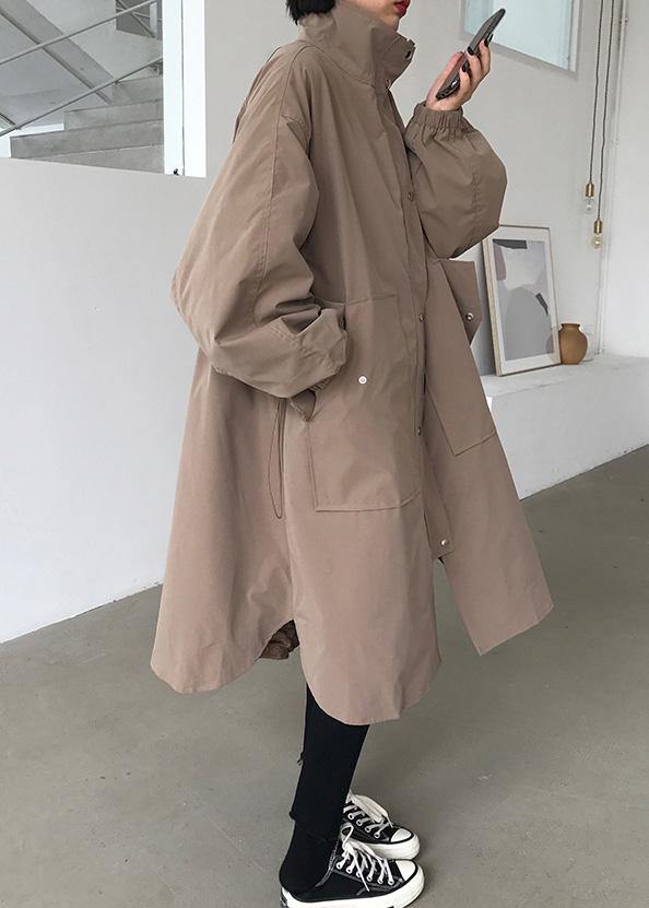 French Khaki Fine Maxi Coat Wardrobes Zippered Lapel Collar Coats