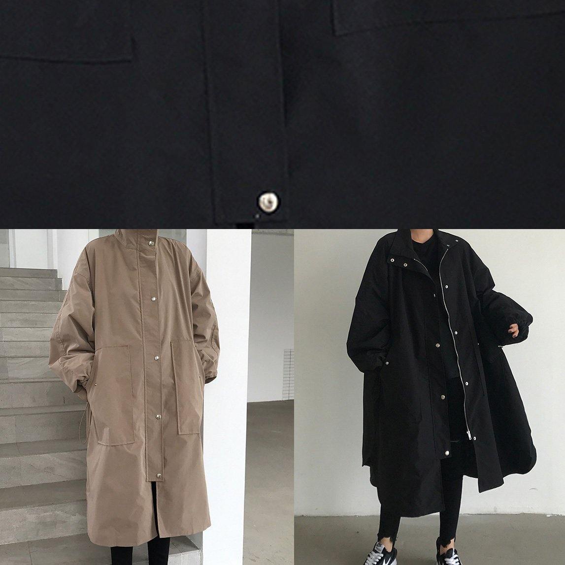 French Khaki Fine Maxi Coat Wardrobes Zippered Lapel Collar Coats