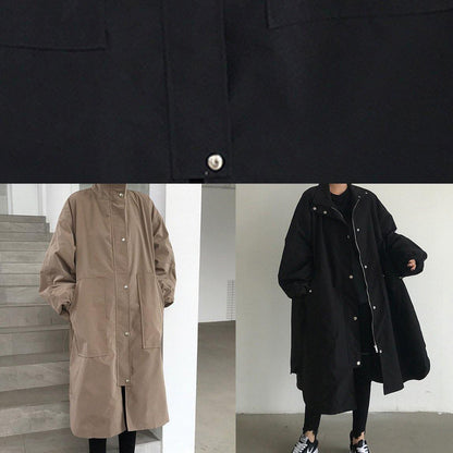 French Khaki Fine Maxi Coat Wardrobes Zippered Lapel Collar Coats