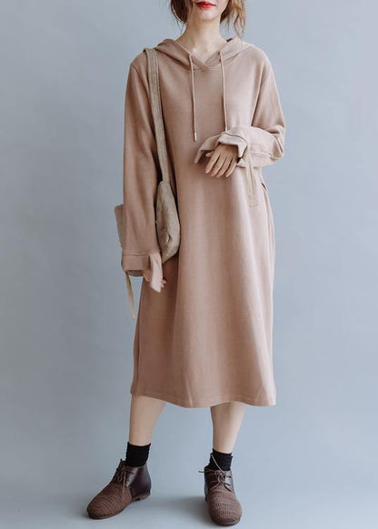 French Khaki Tunic Pattern Hooded Patchwork Long Fall Dress