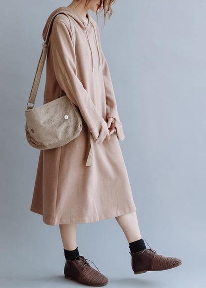 French Khaki Tunic Pattern Hooded Patchwork Long Fall Dress
