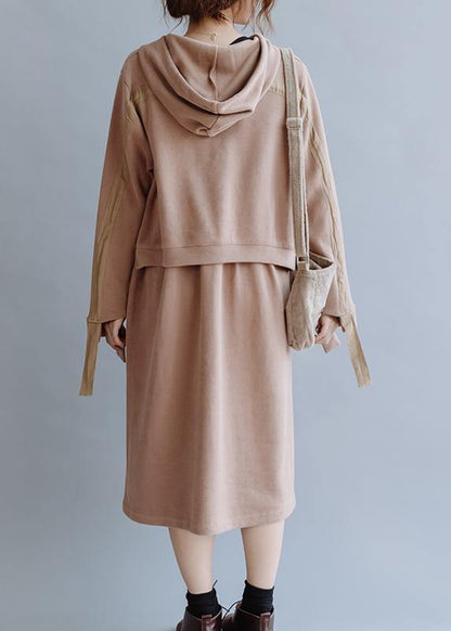 French Khaki Tunic Pattern Hooded Patchwork Long Fall Dress
