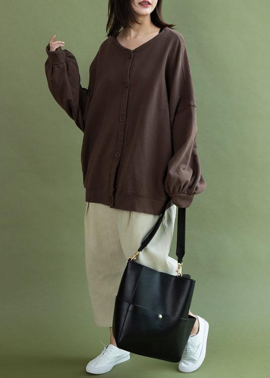 French Lantern Sleeve Button Down Cotton Tops Design Chocolate Shirt Fall