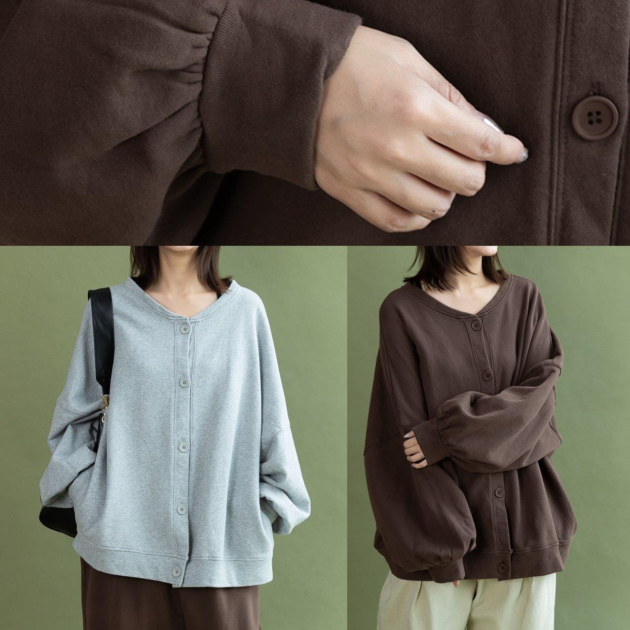 French lantern sleeve Button Down cotton tops women design chocolate shirt fall