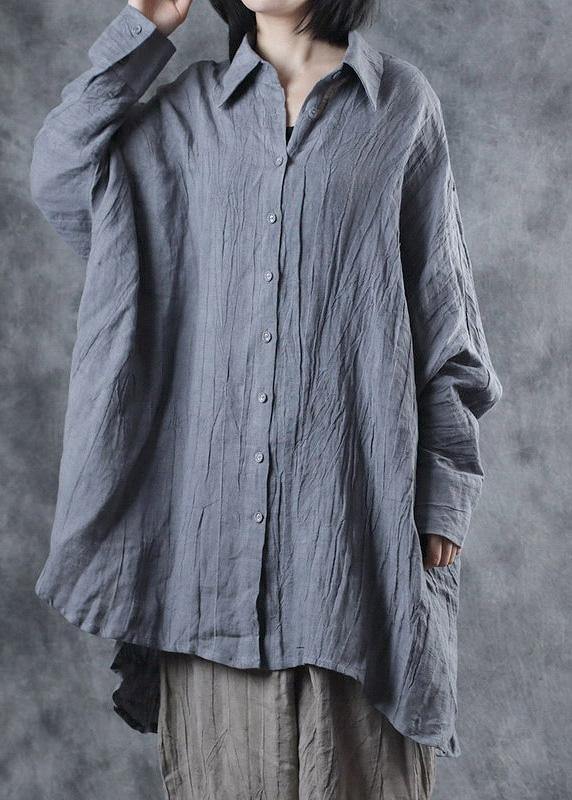 French Lapel Batwing Sleeve Linen Tunic Pattern Sewing Gray Blouse