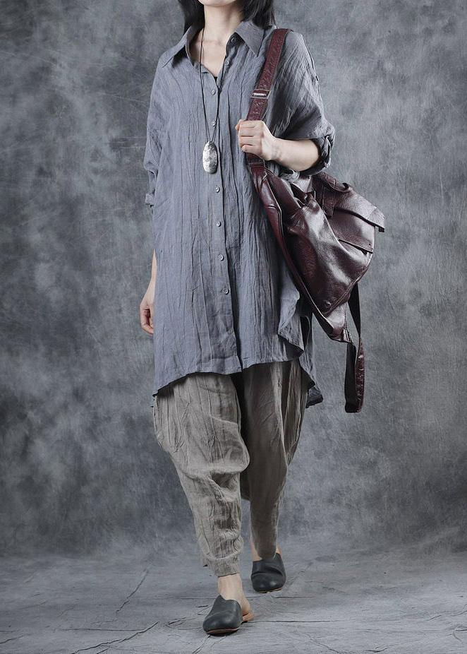 French Lapel Batwing Sleeve Linen Tunic Pattern Sewing Gray Blouse