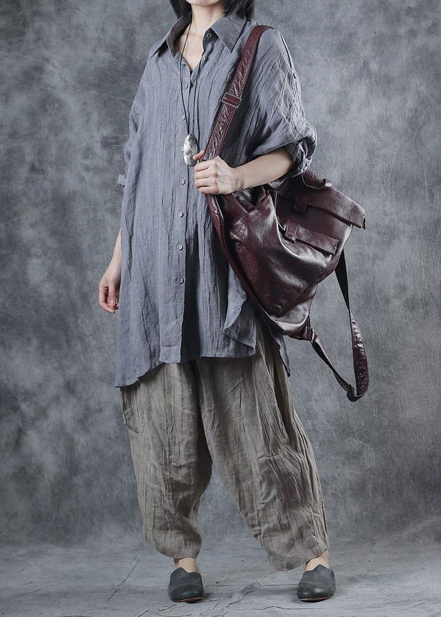 French Lapel Batwing Sleeve Linen Tunic Pattern Sewing Gray Blouse