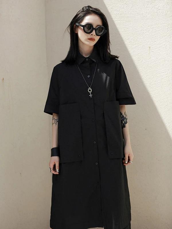 French Lapel Large Poeckets Cotton Summer Dresses Photography Black Dresses