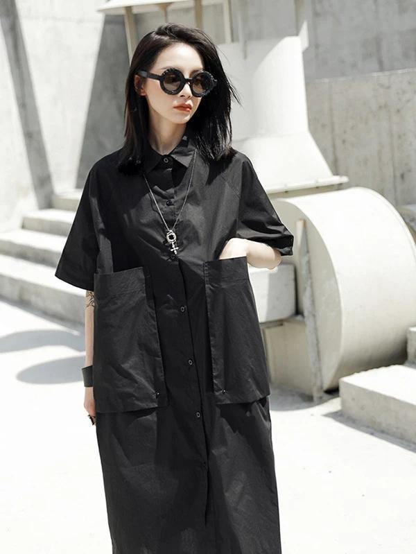 French Lapel Large Poeckets Cotton Summer Dresses Photography Black Dresses